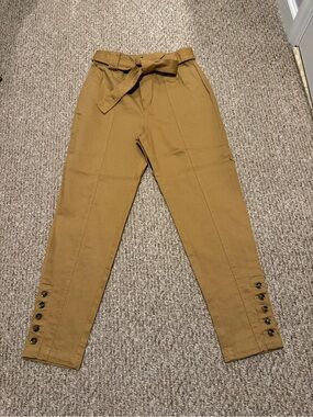 Who What Wear High-Rise Paperbag Waist Button-Hem Pants — Camel
